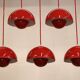 Iconic VP1 cherry red enamel flowerpot lamps designed by Verner Panton - &t