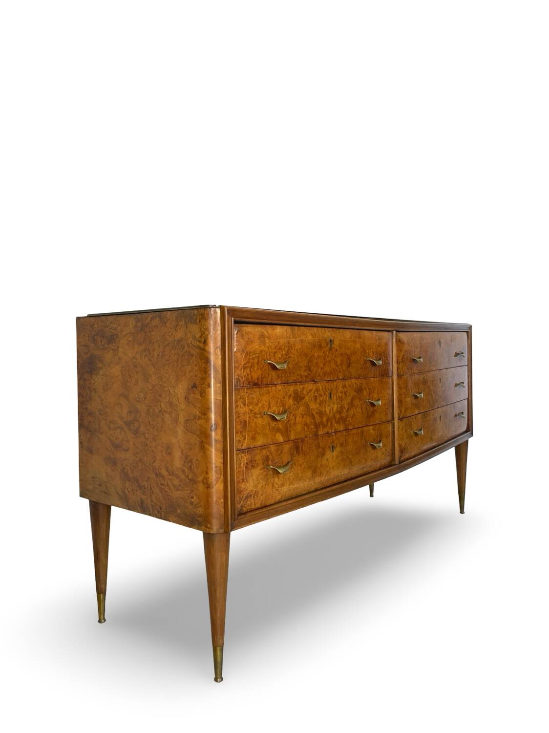 Veneered burl walnut chest of drawers with light warm brown glass top