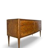 Veneered burl walnut chest of drawers with light warm brown glass top