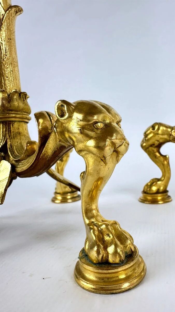 Pair of candelabra with a crane in gilded bronze, bamboo model.
