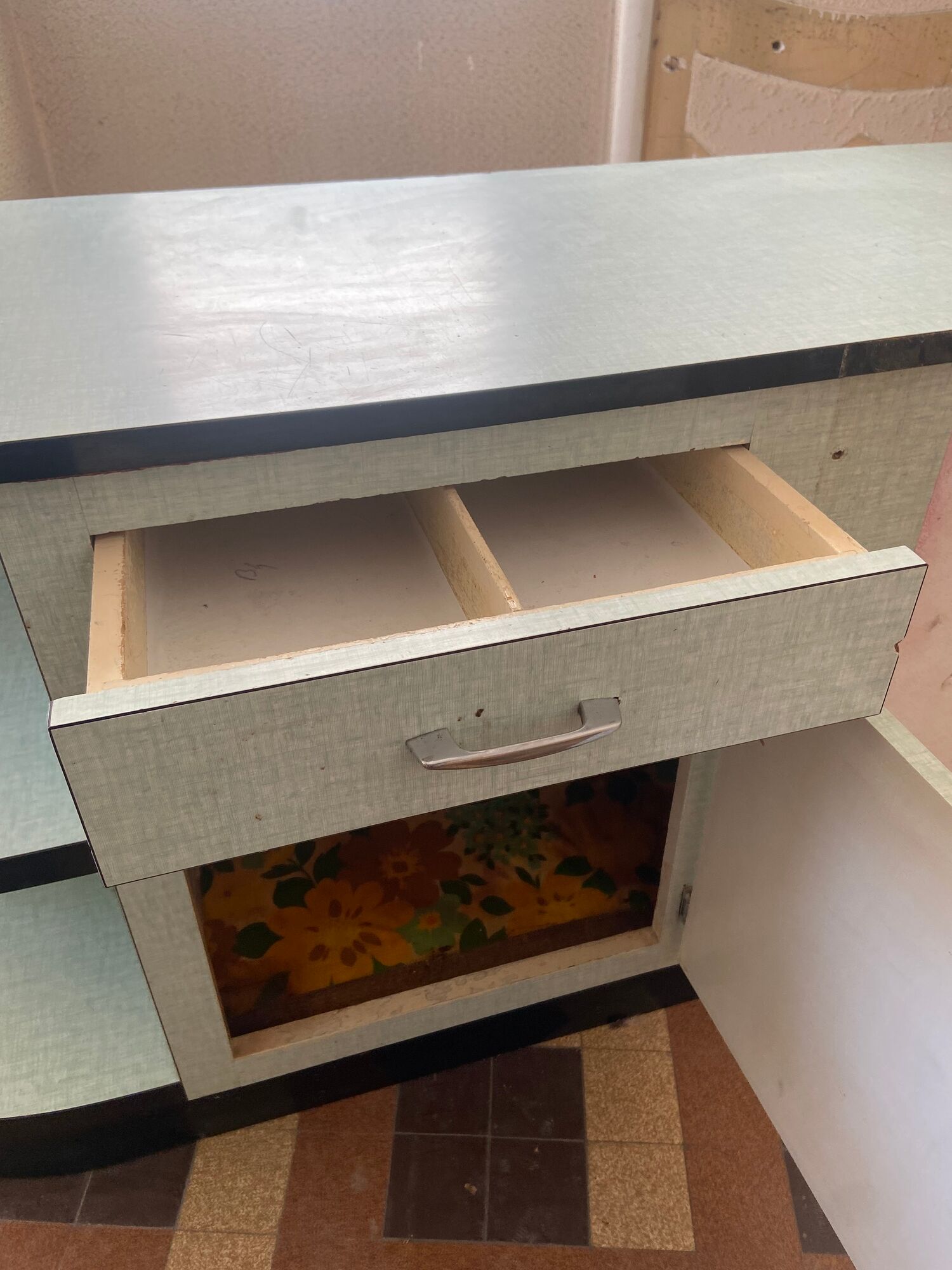Meuble bas cuisine angle formica vert vintage