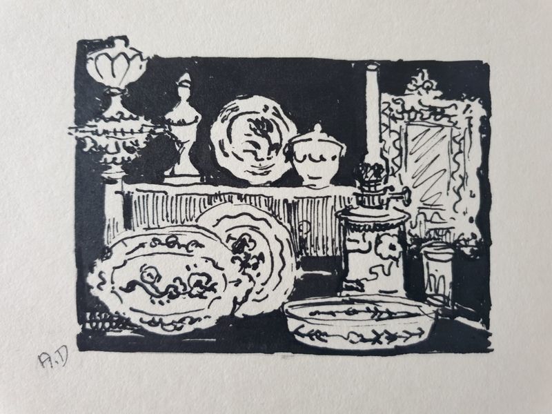 André Duculty (1912-1990) India ink on paper "Chez l'antiquaire" Monogrammed lower left
