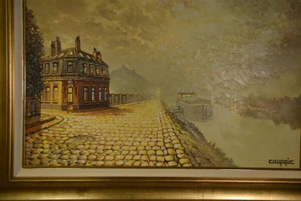 Oil on canvas expressionist figurative painting "Along the Canal" by Jean-Pierre Couprie 1980