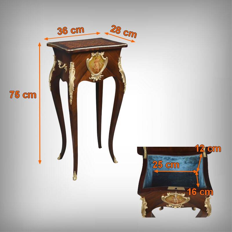Small working coffee table in marquetry, Louis XV style – late 19th century.