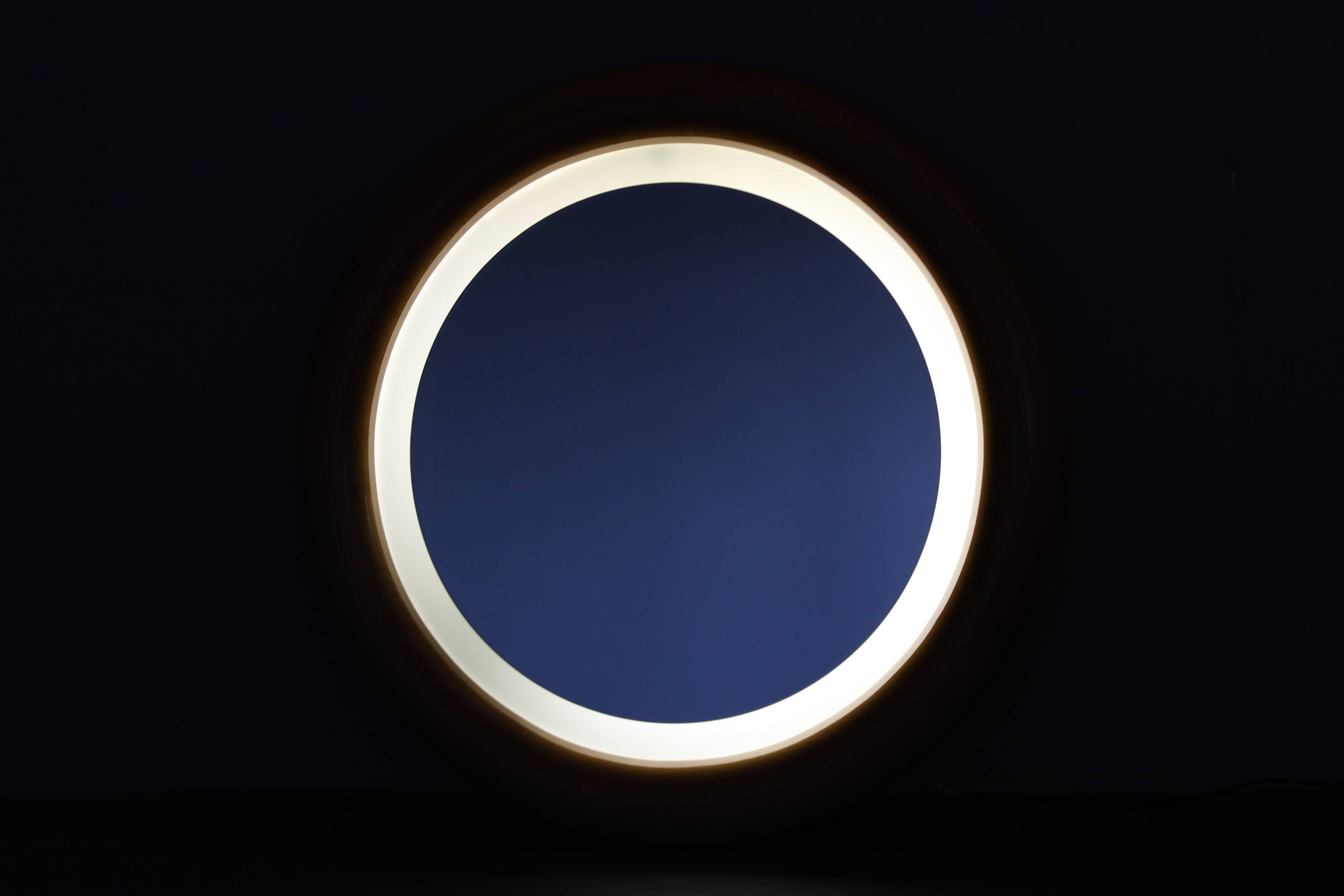 1970s Italian Round Mirror in Wooden Frame with Light