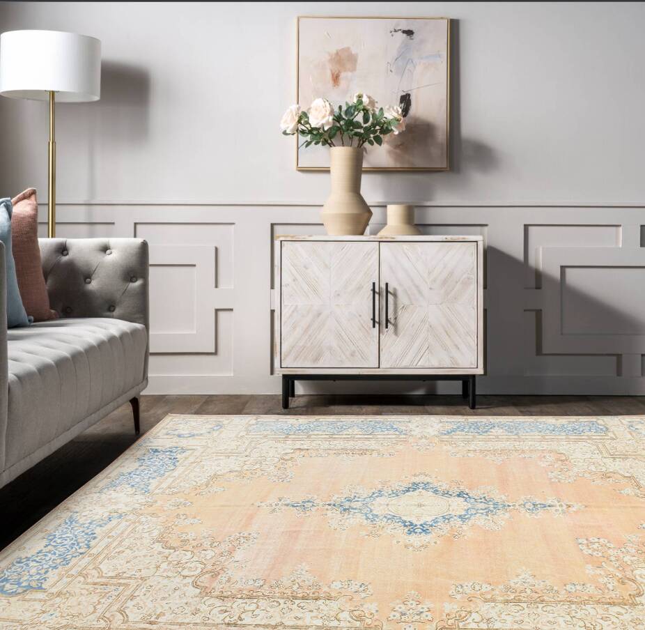 Tapis persan vintage en laine noué main, style classique, motif floral, 300x368.