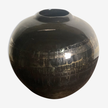 Vase boule de style Art Déco en céramique noir à décor argenté et doré