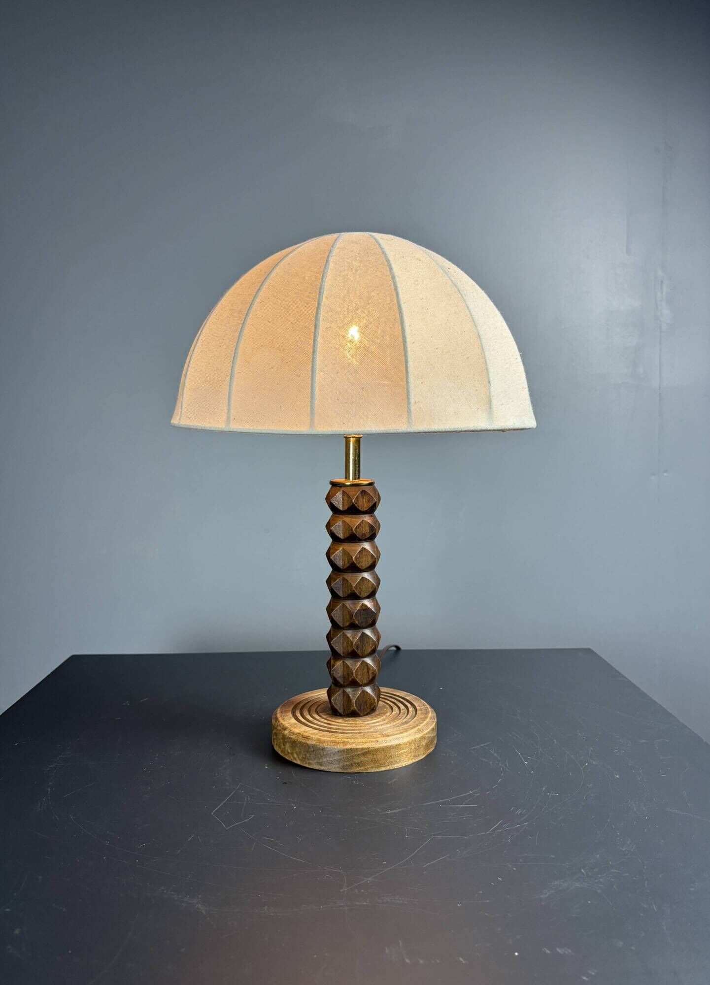 Midcentury brutalist wood turned mushroom table lamp, Charles Dudouyt style