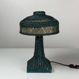 Green Art Deco rattan wicker mushroom "Eiffel" table lamp, 1950s