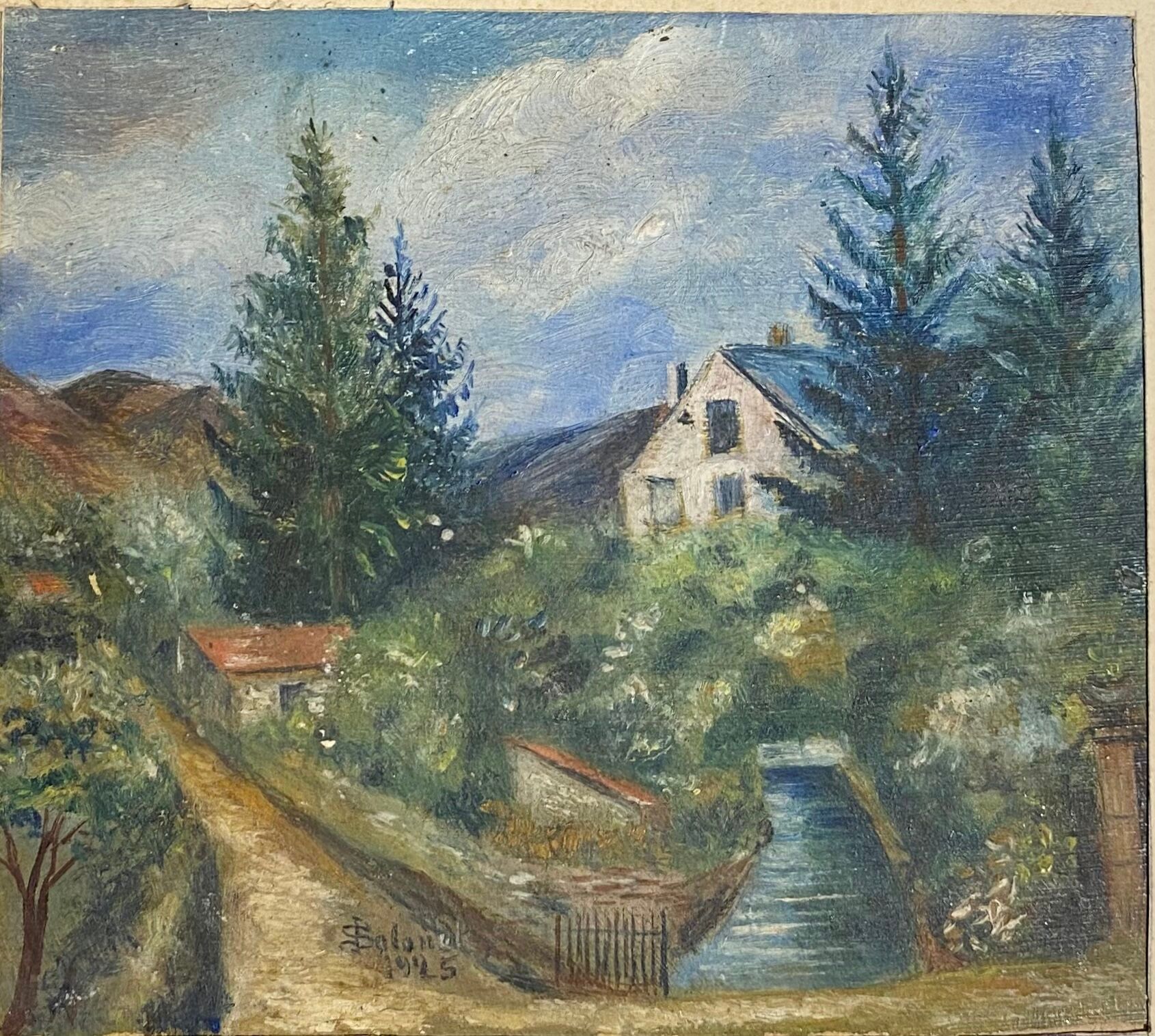 Old painting, landscape with stream signed dated 1925