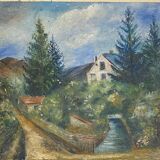 Old painting, landscape with stream signed dated 1925