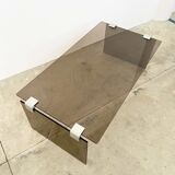 Table basse minimaliste 70s – verre bronze & alu