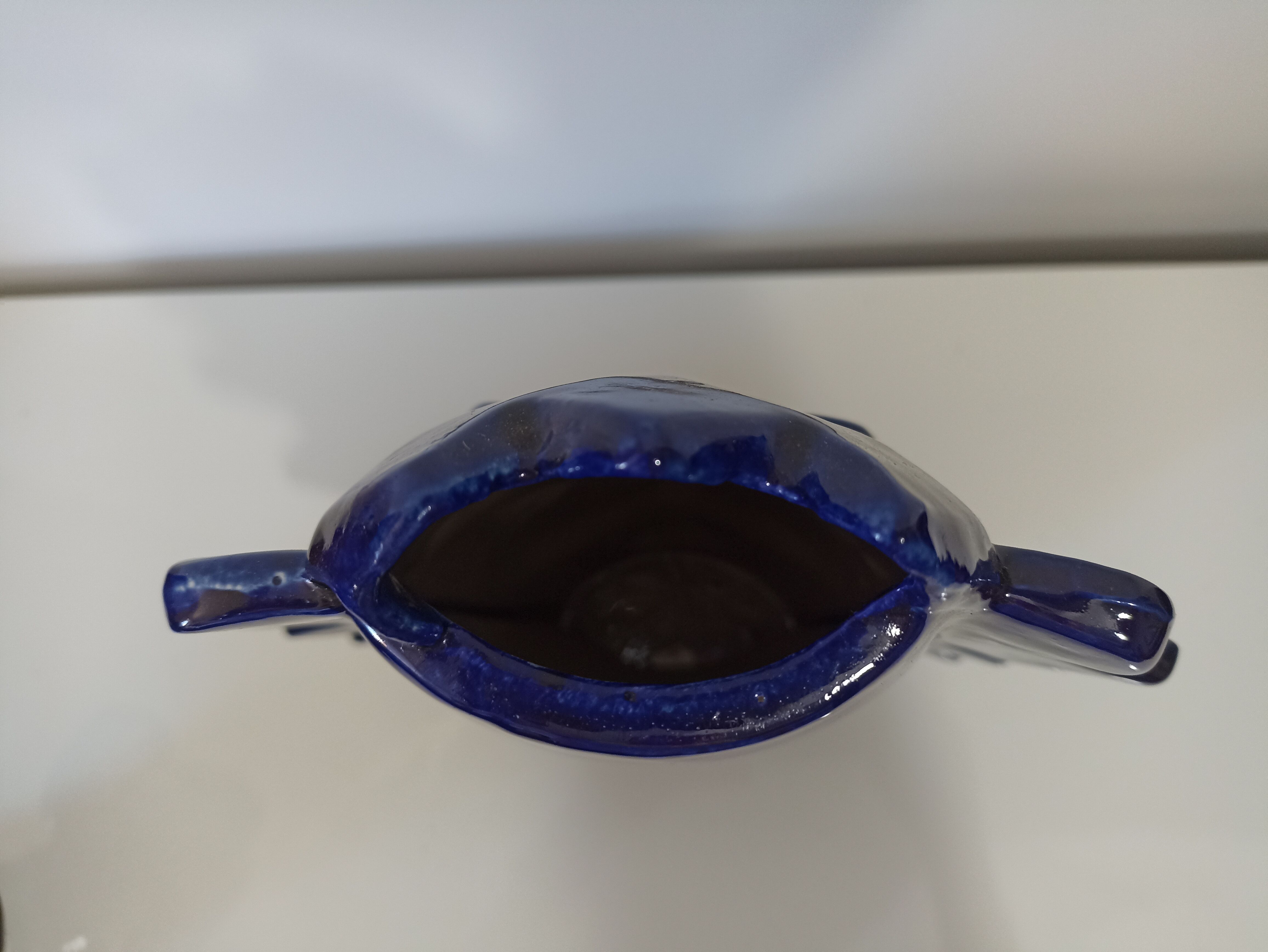 Lion vase blue glazed earthenware design XXe Sandra Corina Paris