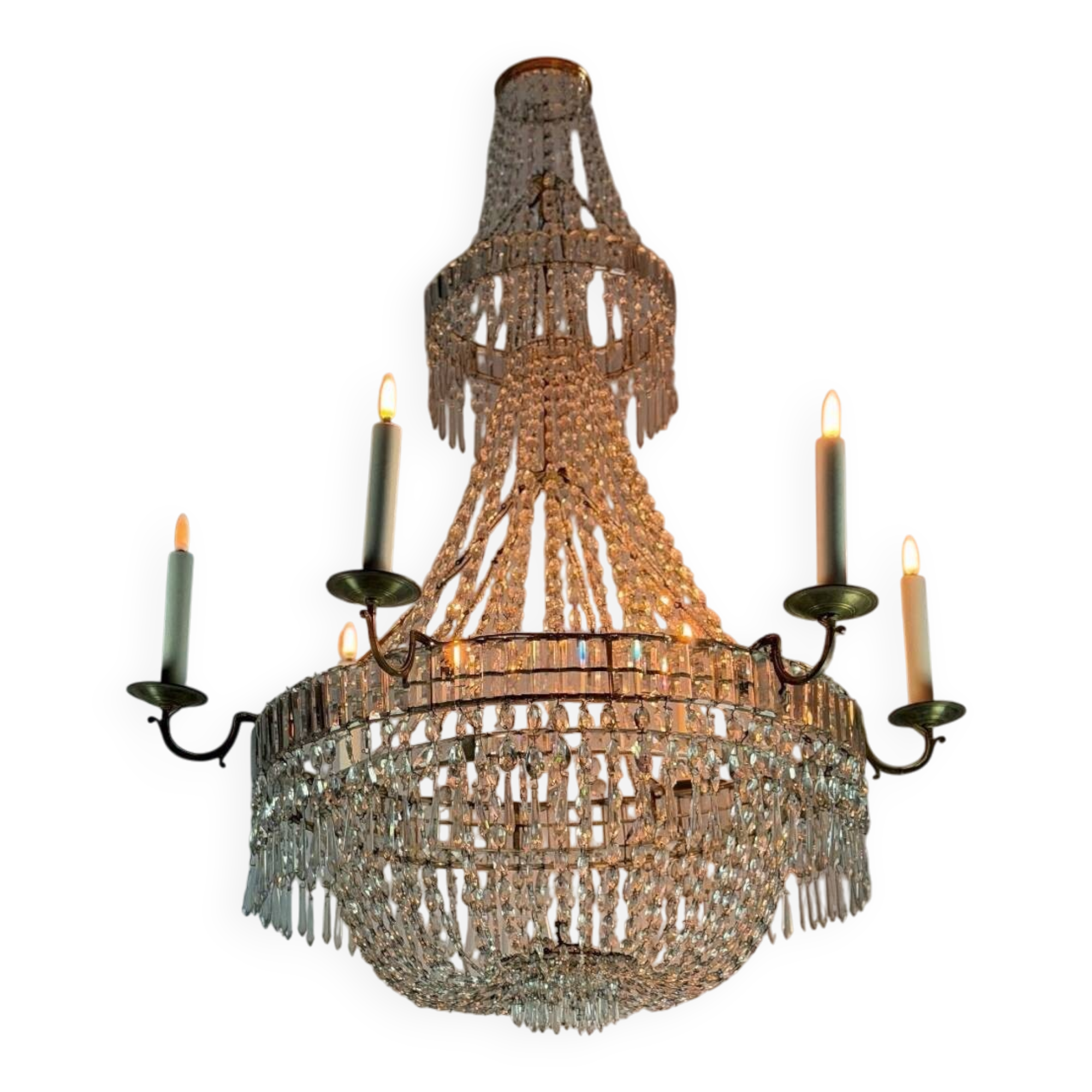 Beaded bag chandelier, six lights, circa 1800