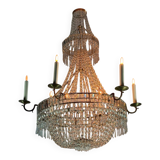 Beaded bag chandelier, six lights, circa 1800