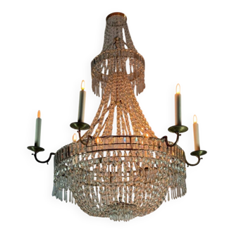 Beaded bag chandelier, six lights, circa 1800