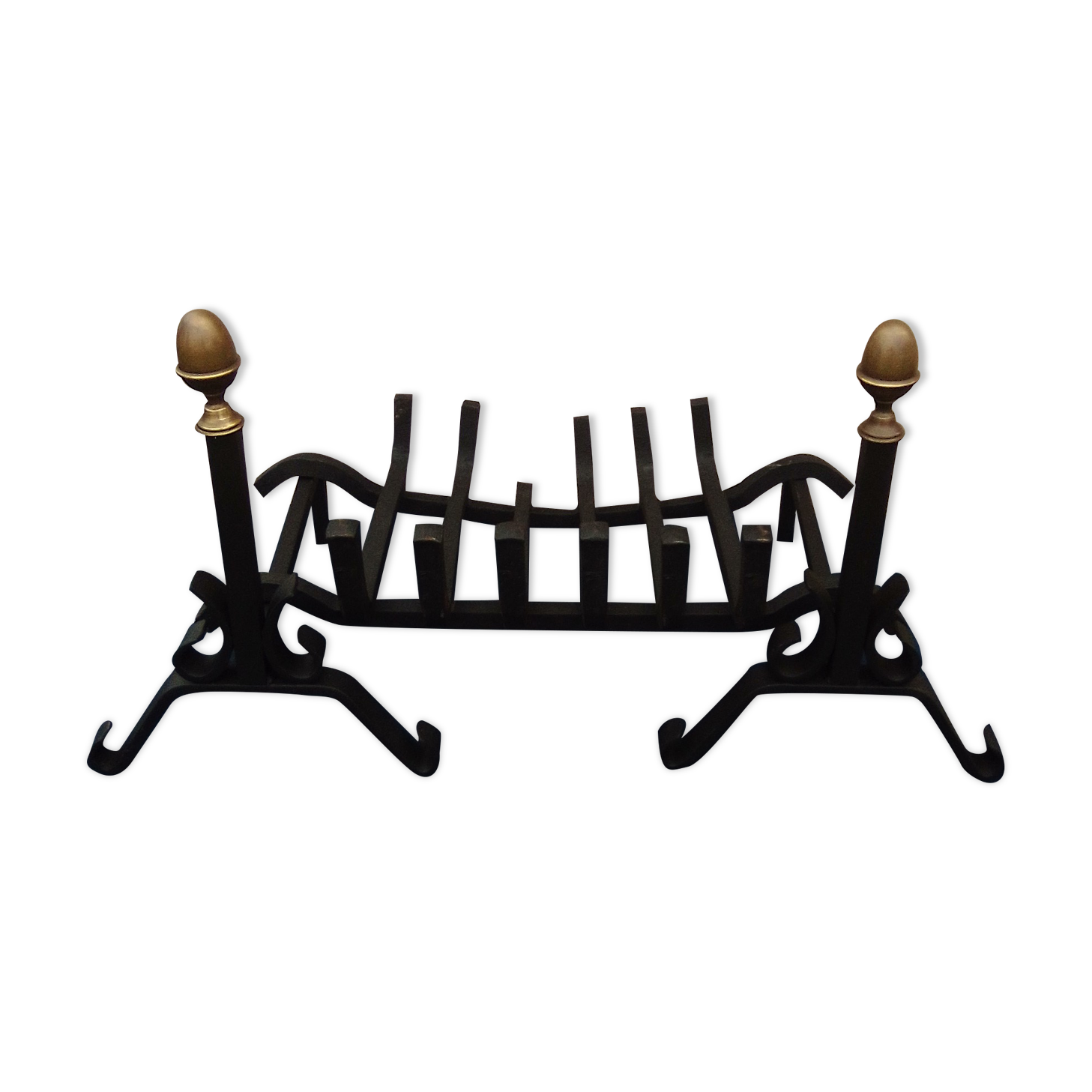 2 chenets with cast iron büche door grille for fireplace