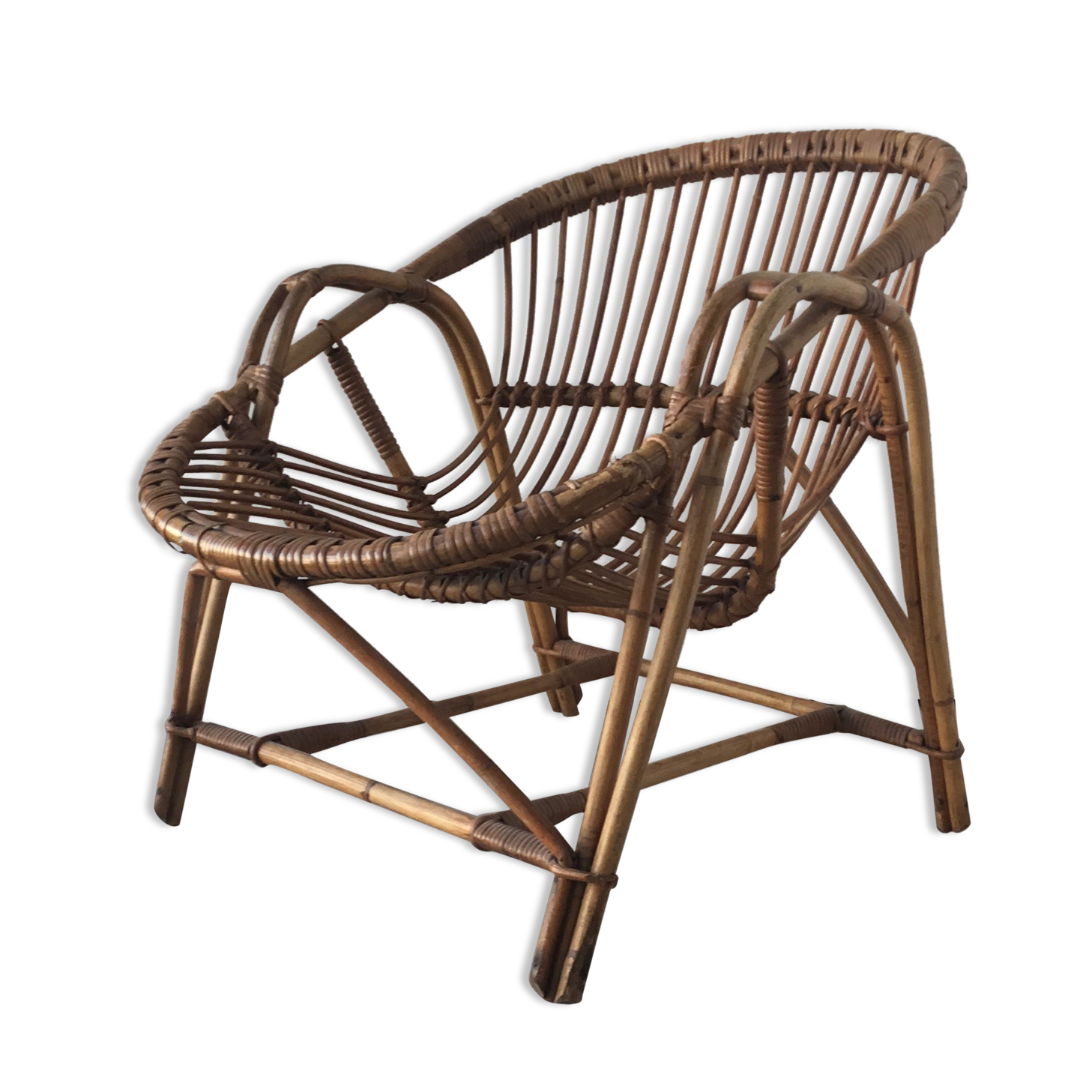 Vintage armchair basket or rattan shell - 1960