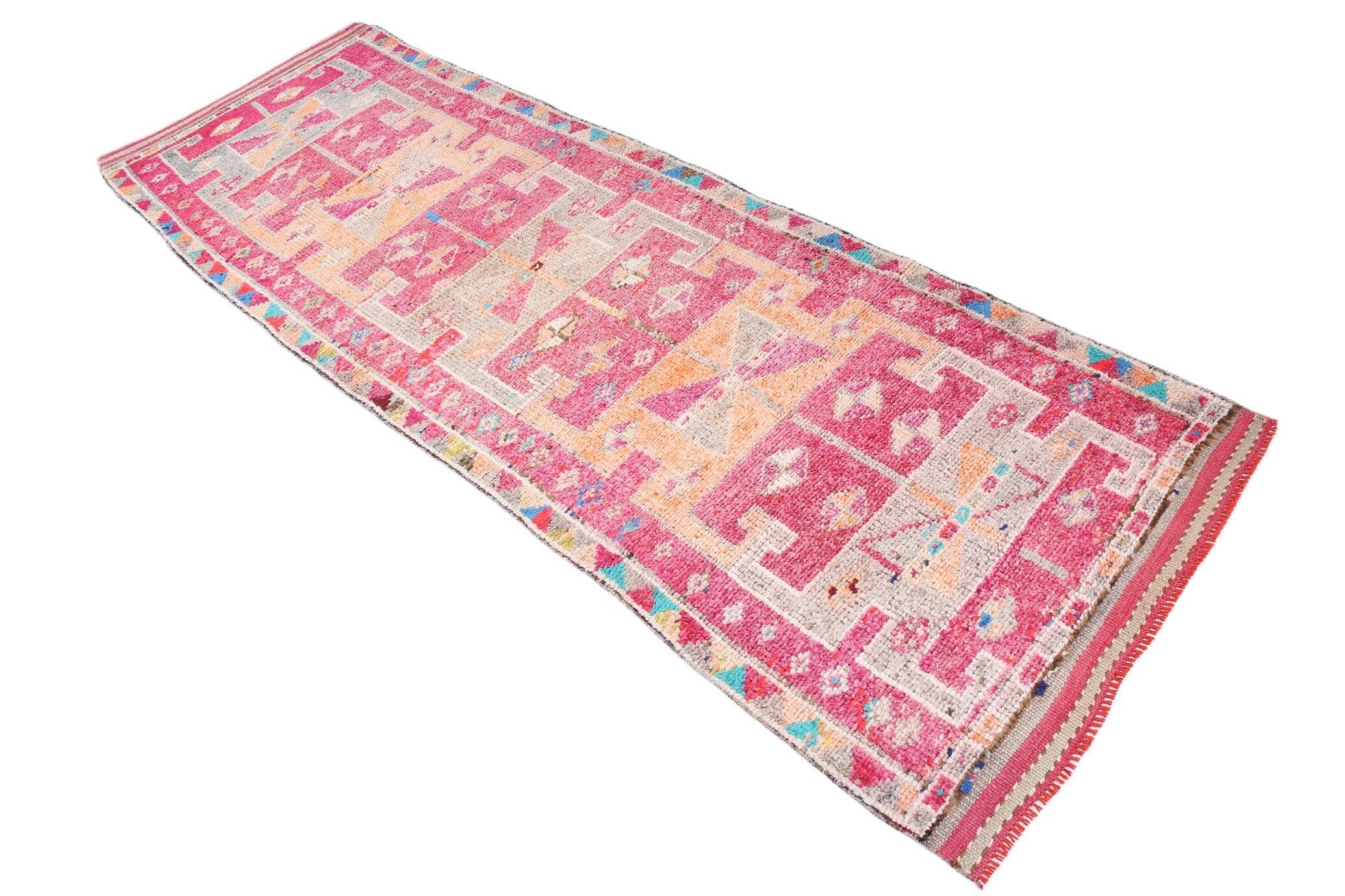 Raspberry Pink Tribal Vintage Runner Rug, Turkish Hallway Carpet,102x322 Cm