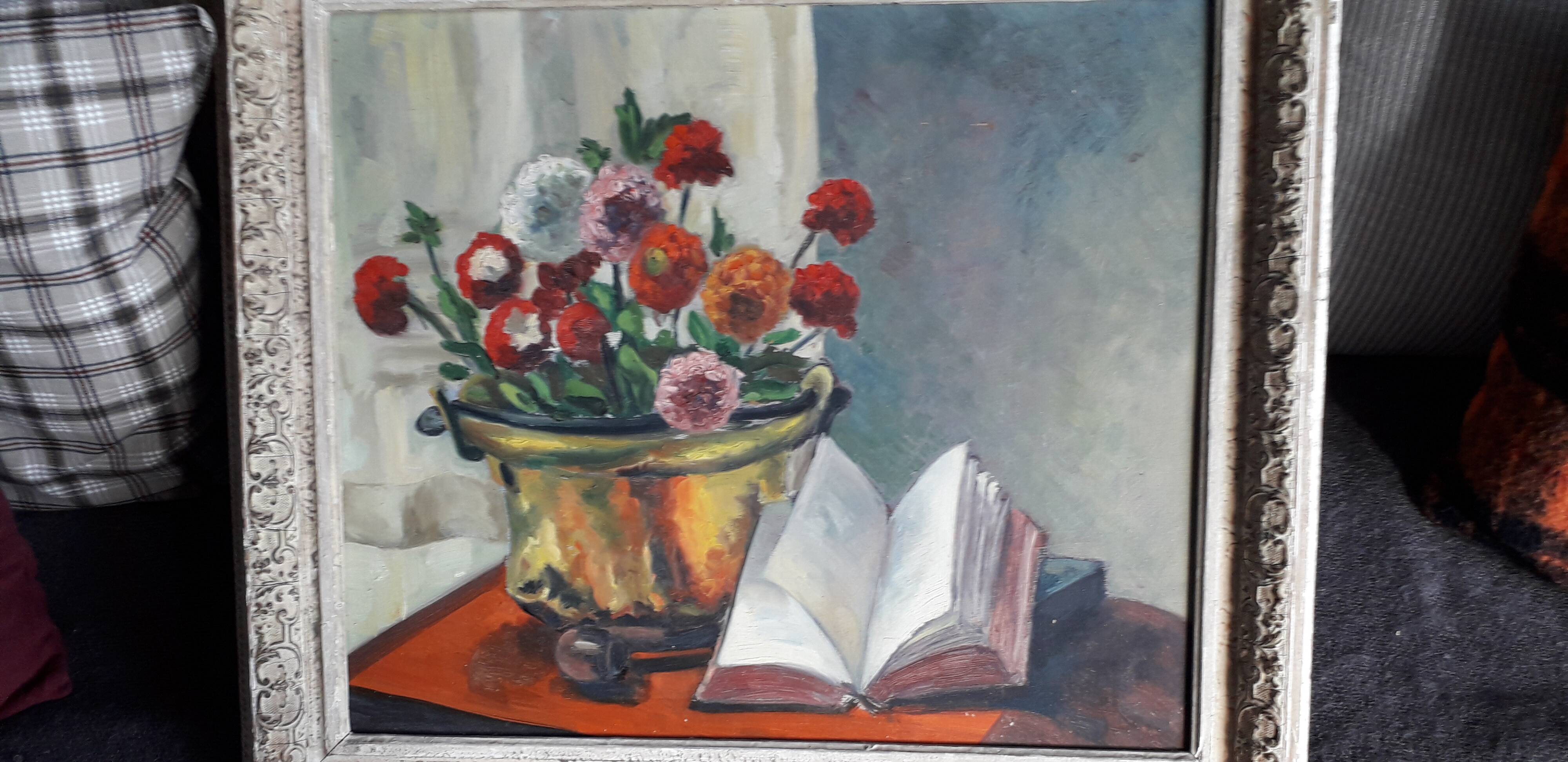 Tableau ancien à l'huile sur panneau bois représentant une nature morte