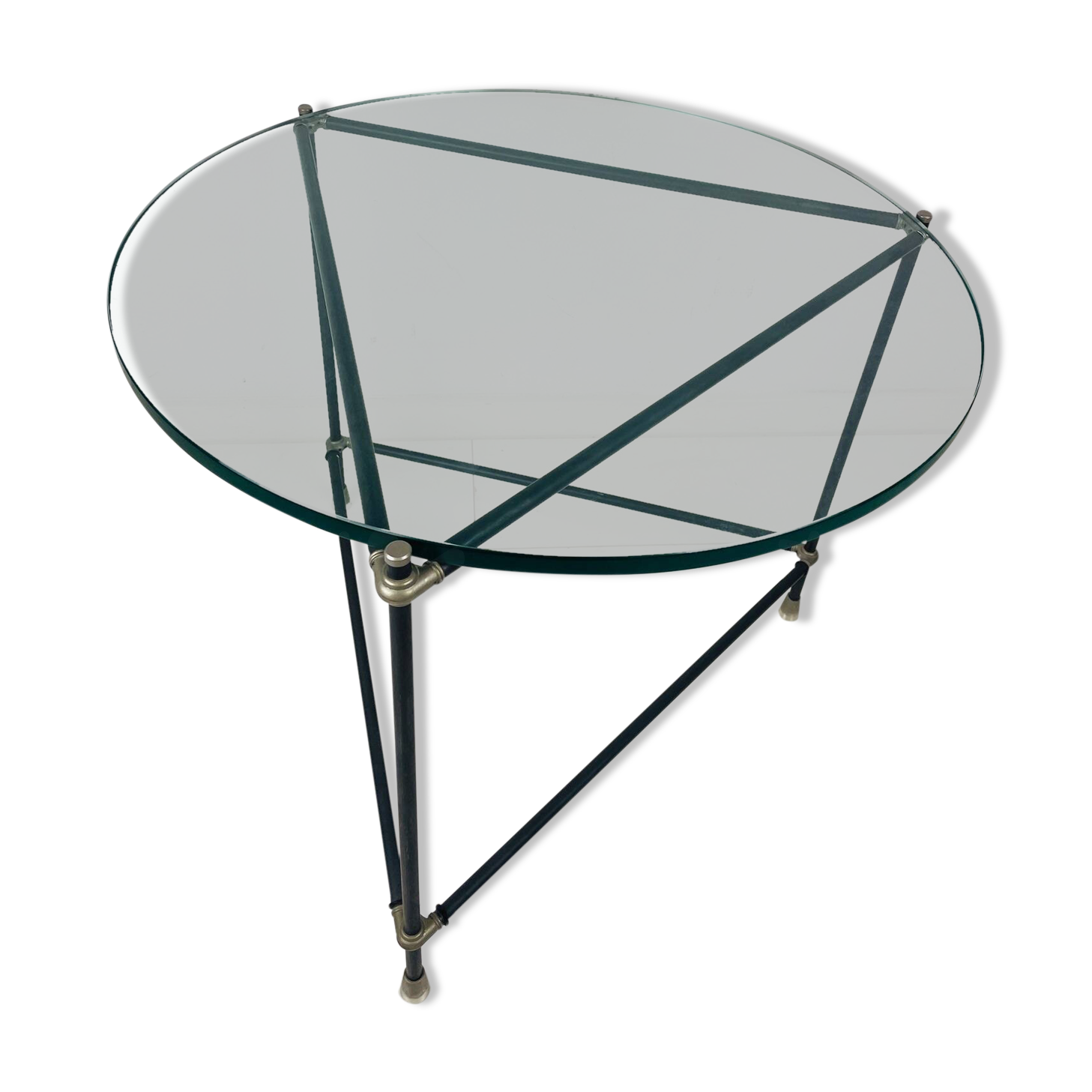 Table d'appoint ronde vintage. Table basse ronde en verre épais. Table de design industriel robuste.
