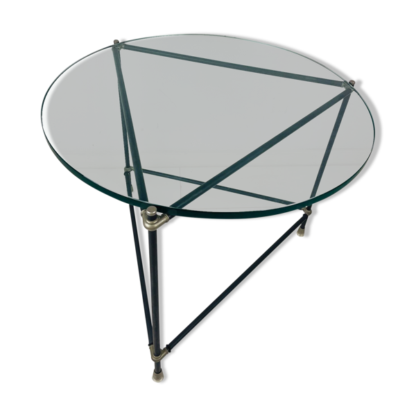 Table d'appoint ronde vintage. Table basse ronde en verre épais. Table de design industriel robuste.