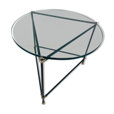 Vintage round side table. Thick glass round coffee table. Robust industrial design table.