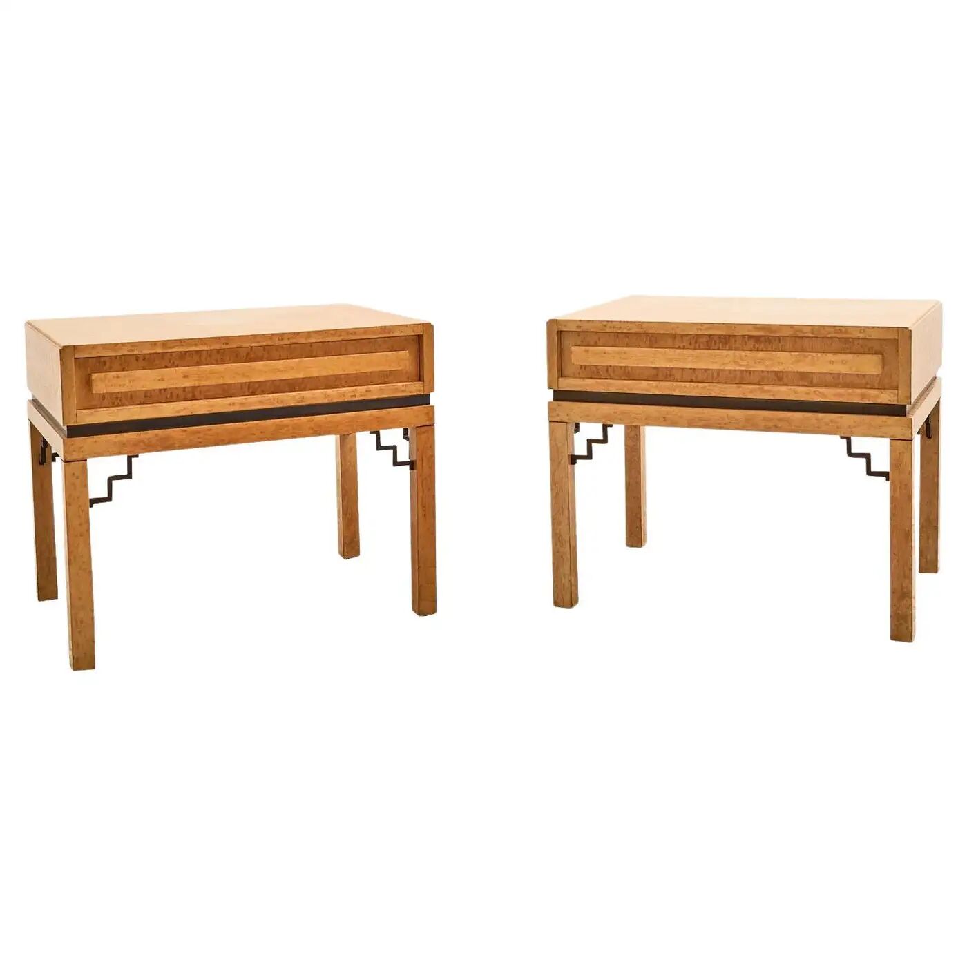 French bedside tables in birch root and brass, 1930s, set of 2