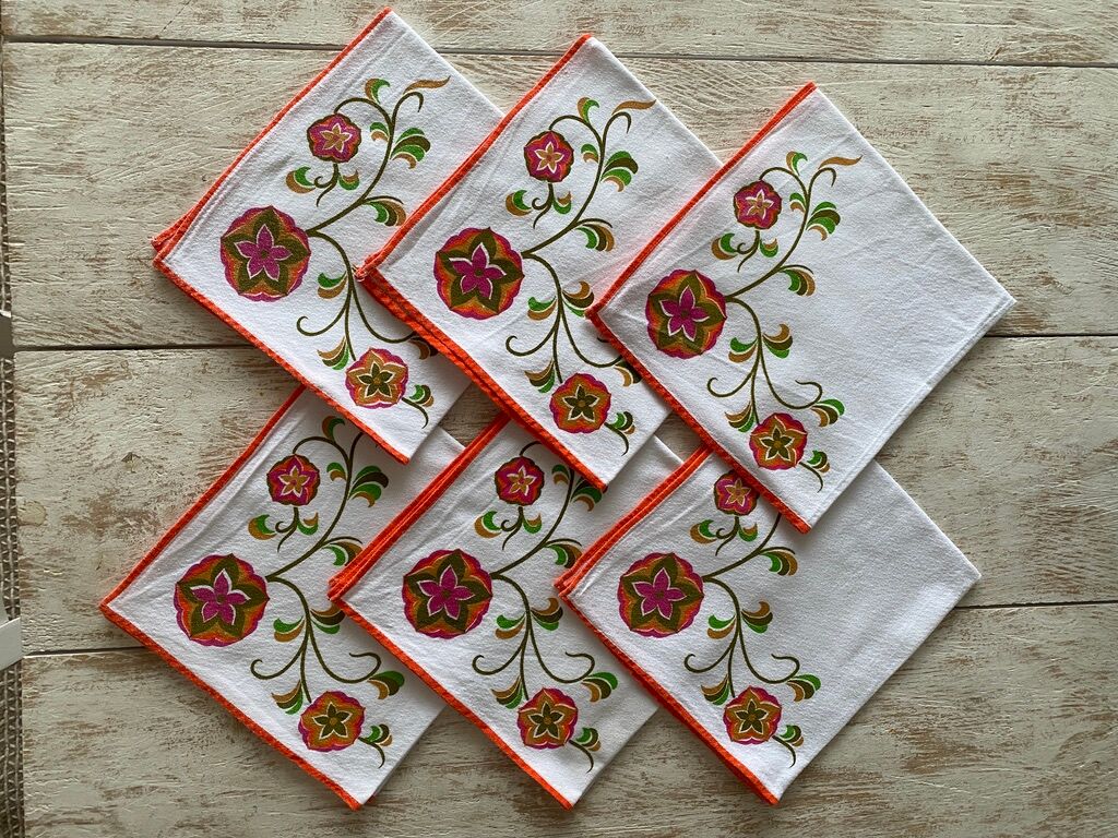 Set of 6 towels 70's printed "multicolored flowers" - cotton - 47X42 cm