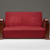 French Art Deco Sofa in Red Striped Velvet and with Swoosh Armrests - 1940's