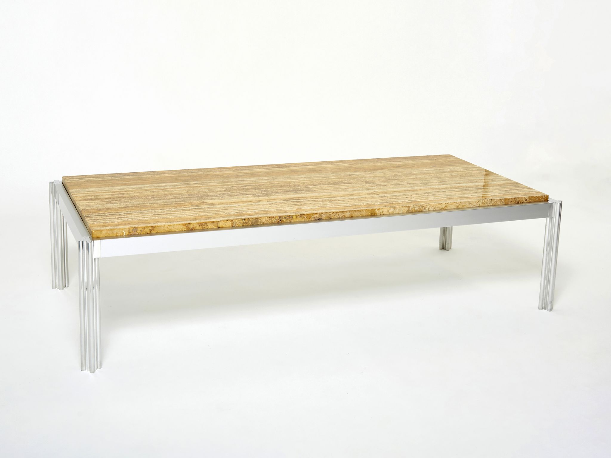 Table basse chrome aluminium travertin jaune George Ciancimino 1975