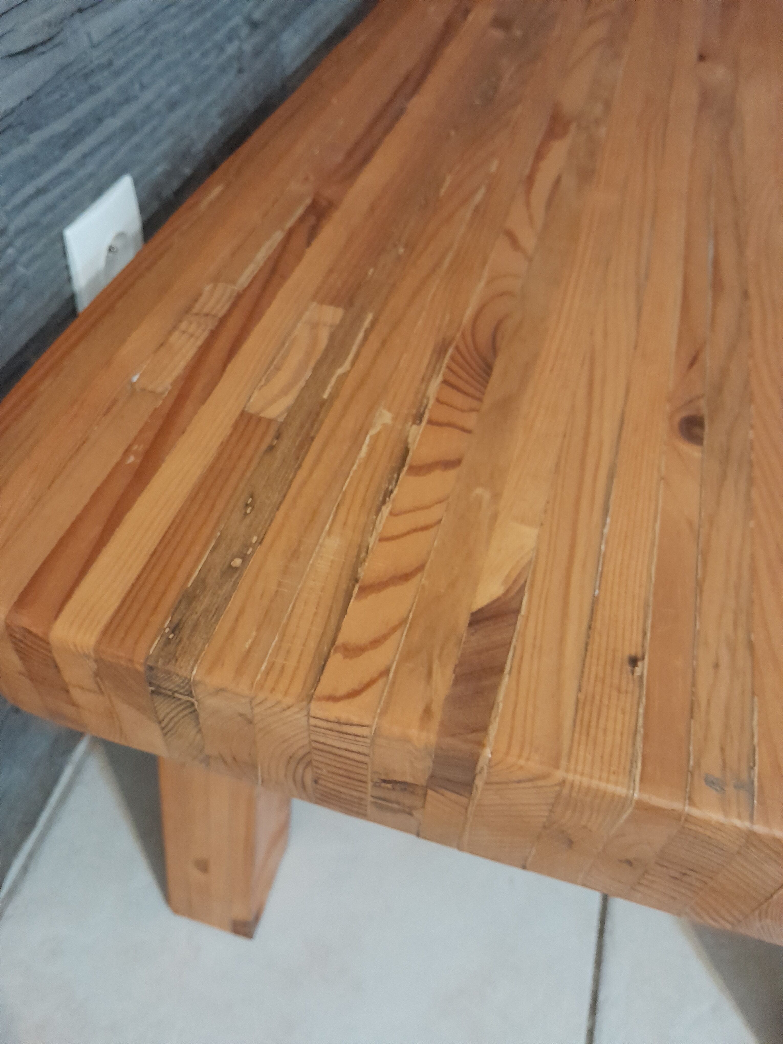 Table basse pin pieds compas vintage années 70-80