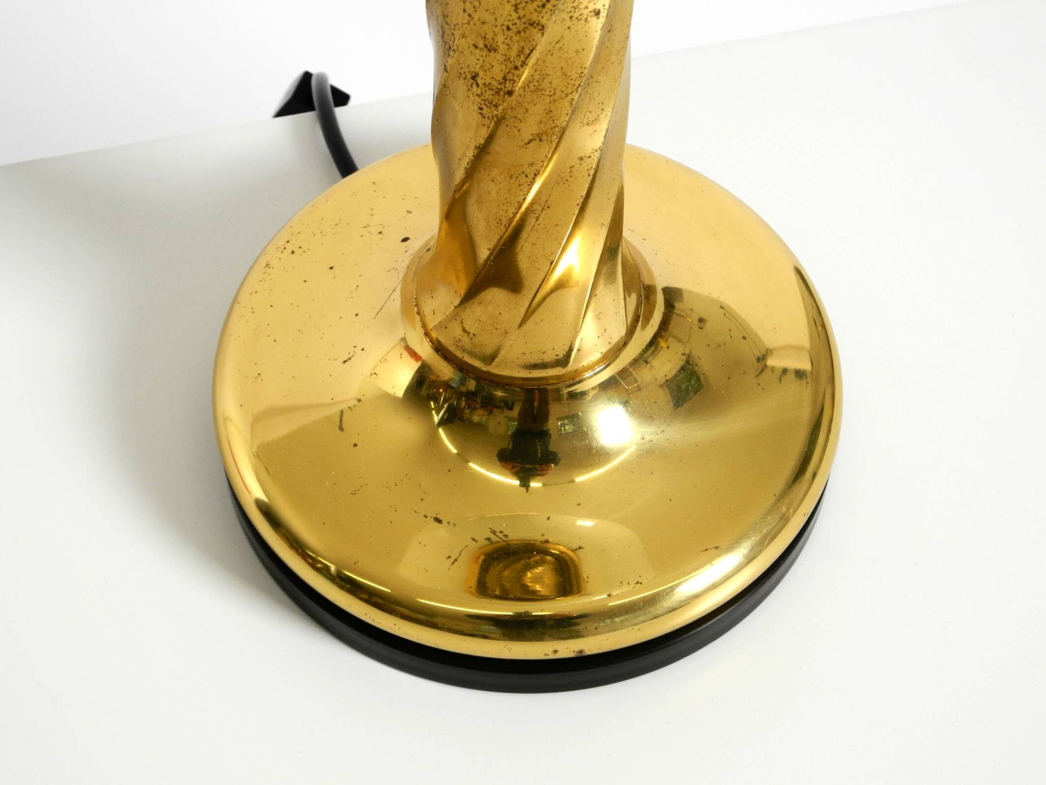 Large 1960s brass column-style table lamp with frosted glass globe