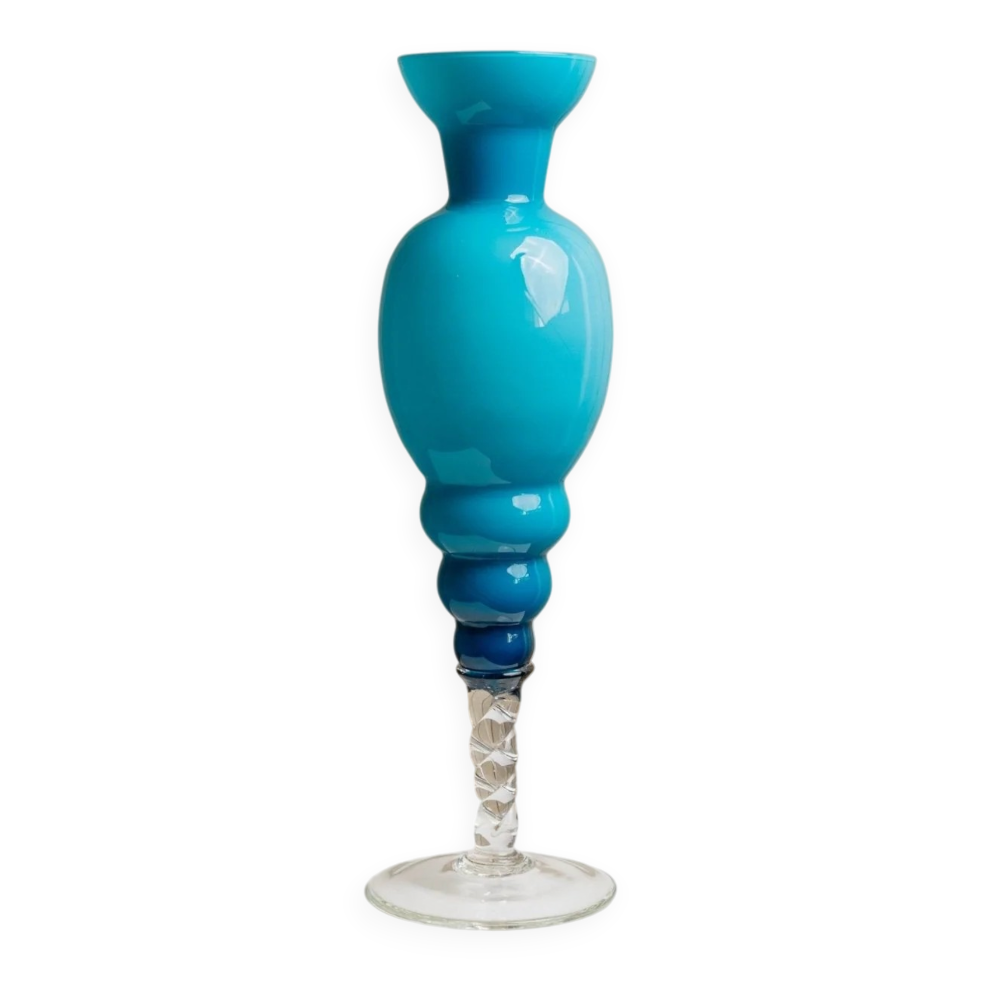 Azure Blue Murano Glass Vase XL, Fluted Beaded Silhouette, 1960s Hollywood Regency