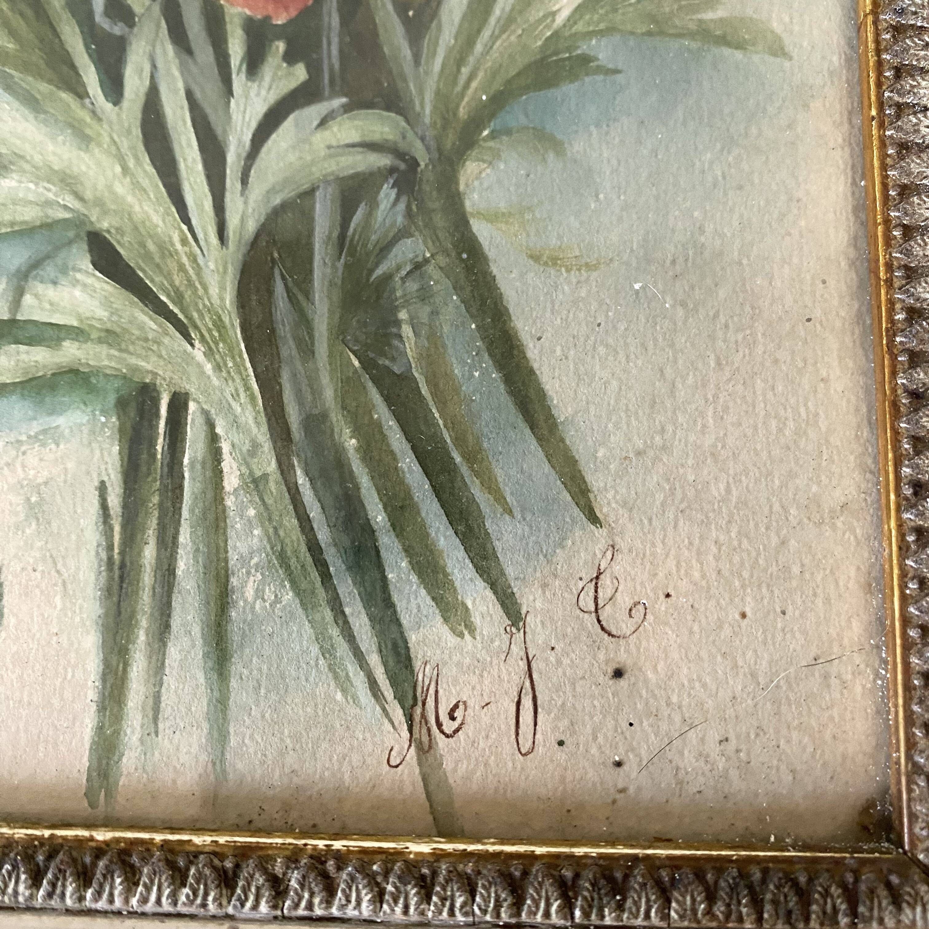 Triptych of old watercolors, flowers, 19th century