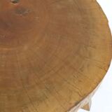 Wood coffee table, brutalist work, trapezoidal tripod base