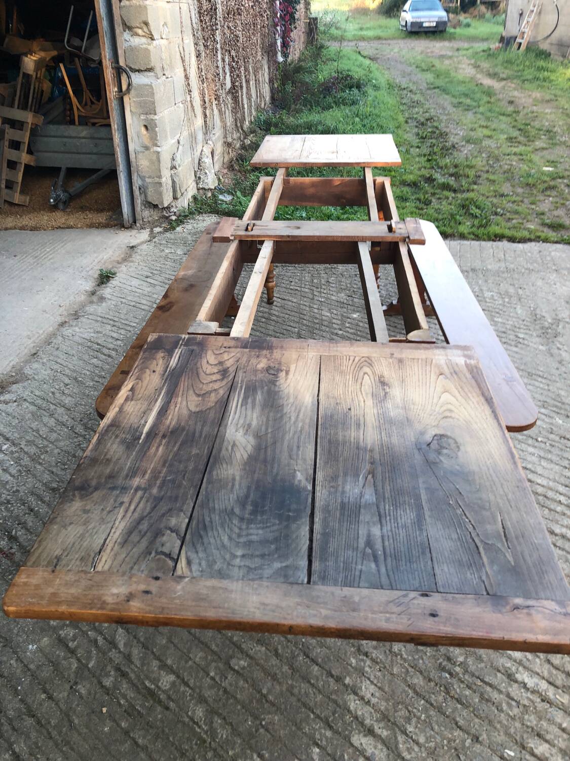Antique farmhouse table in solid cherry wood with its 2 benches