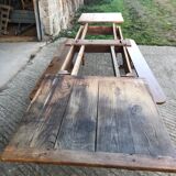 Antique farmhouse table in solid cherry wood with its 2 benches