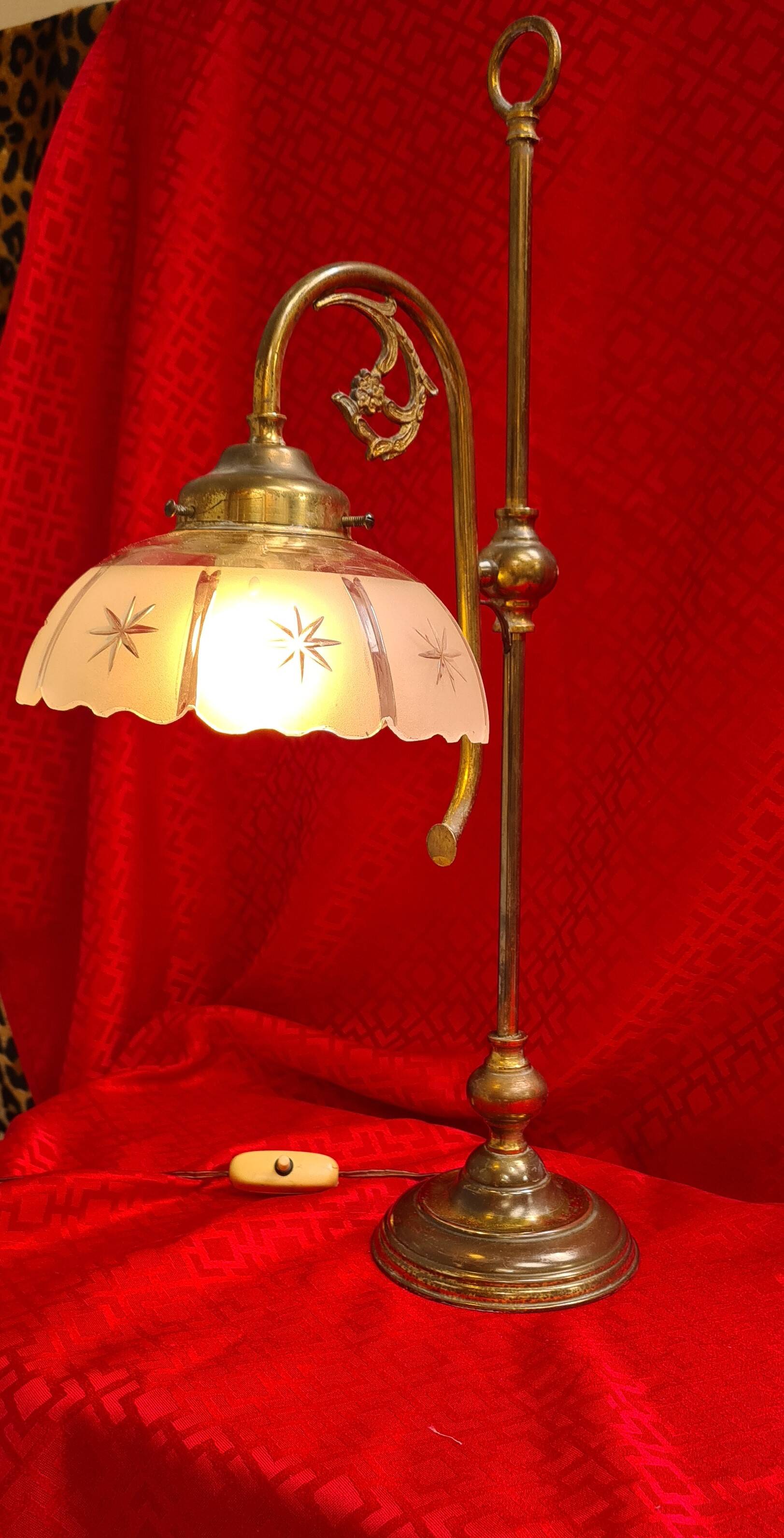 large 1900 brass lamp and cut and opaque glass lampshade, 53x25 original elec,