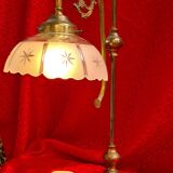 large 1900 brass lamp and cut and opaque glass lampshade, 53x25 original elec,