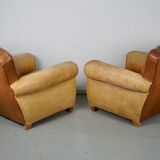 Pair of French Cognac Moustache Back Leather Club Chairs, 1940s
