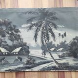 Suite of 3 paintings on an Asian theme in black and white signed