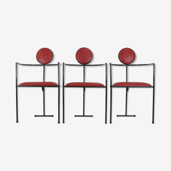 3 fauteuils designs acier et cuir, France, circa 1980
