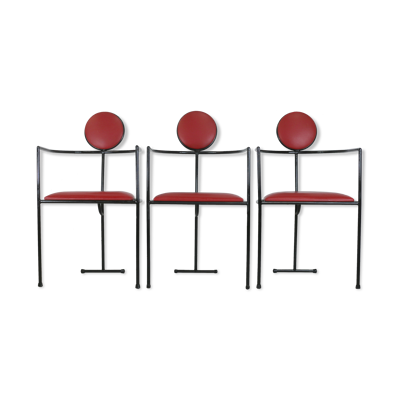 3 fauteuils designs acier et cuir, France, circa 1980