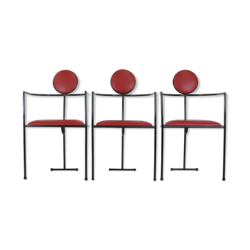 3 fauteuils designs acier et cuir, France, circa 1980
