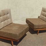 Pair of heaters 60s solid teak two-tone cushions