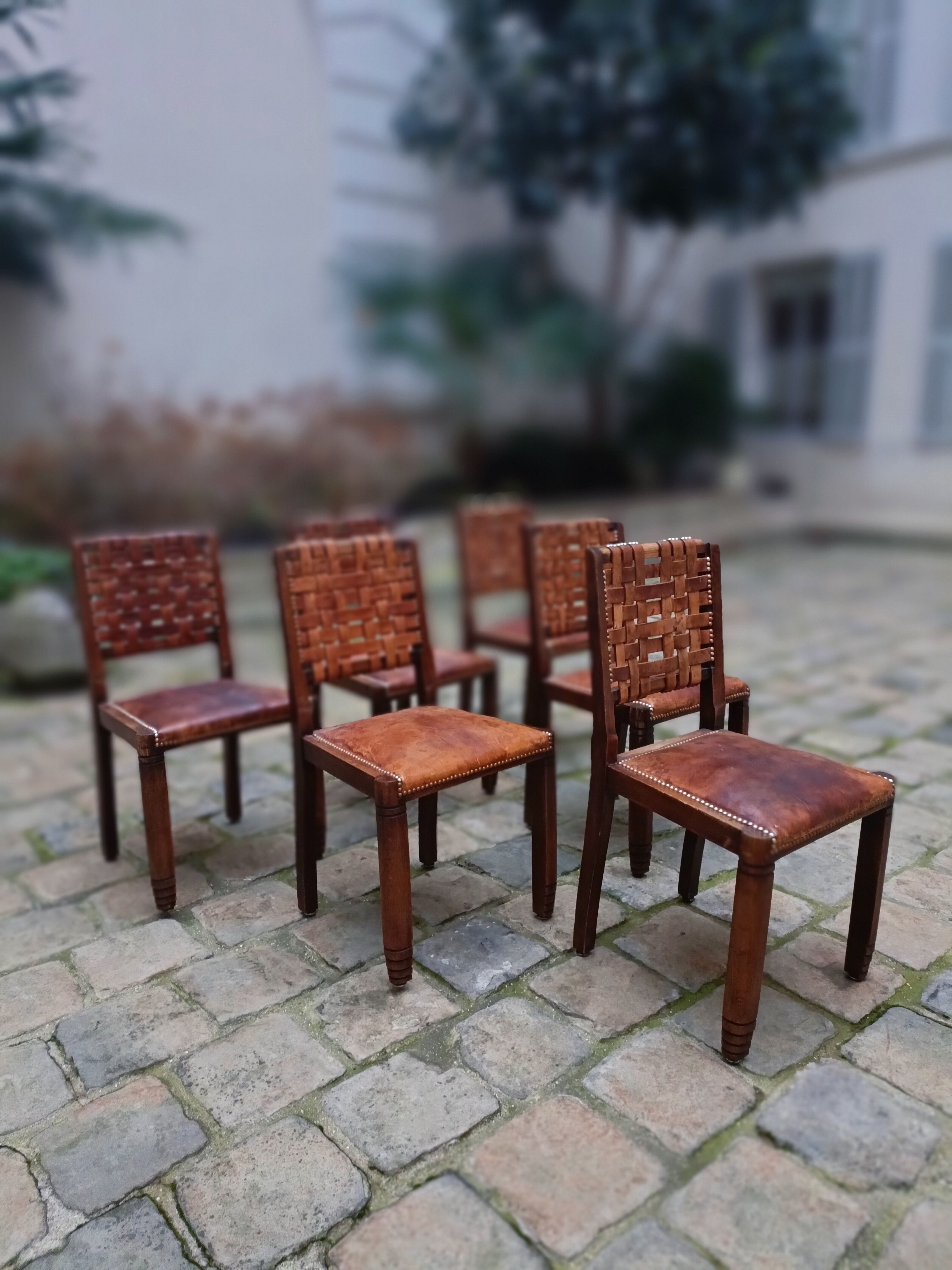 6 chairs brutalist 50s leather and wood
