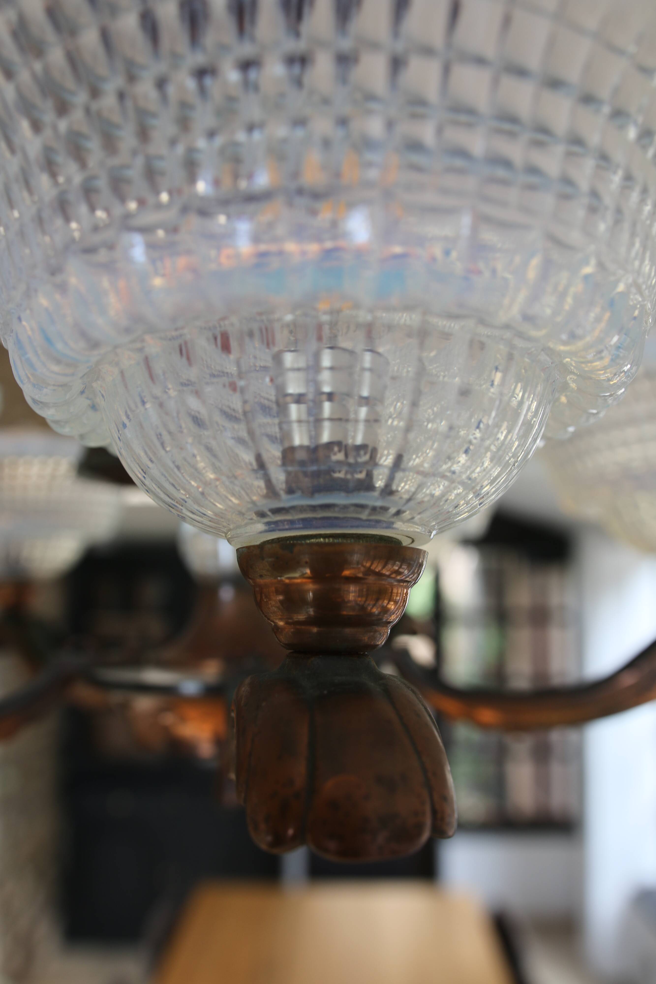 Art Deco lustre, opalescent glass, Ezan & Petitot, signed.