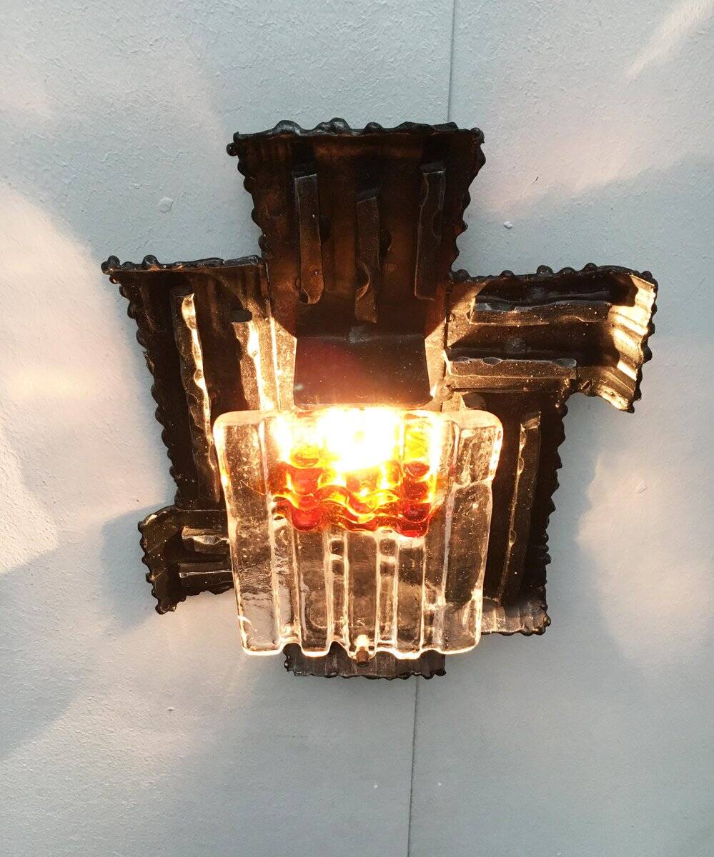 Vintage Italian brutalist wrought iron wall lamp by Albano Poli for Poliarte, set of 4.