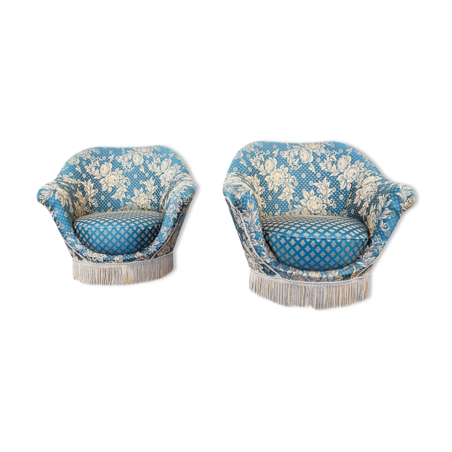 Pair of munari armchairs in antique vintage 1950s fabric